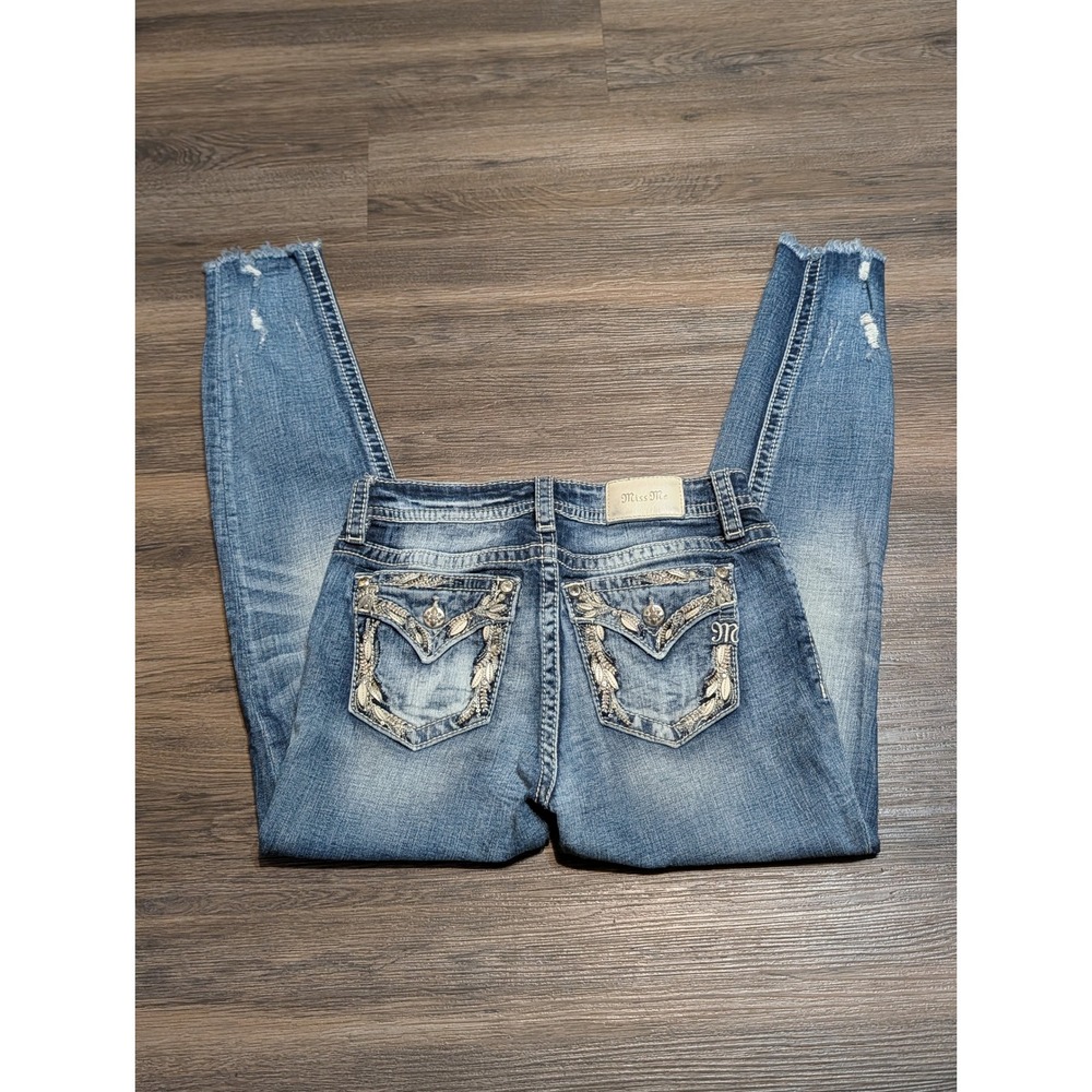 Miss Me Mid Rise Ankle Skinny Jeans Blue Distressed Flap Pocket E3603PAA 28